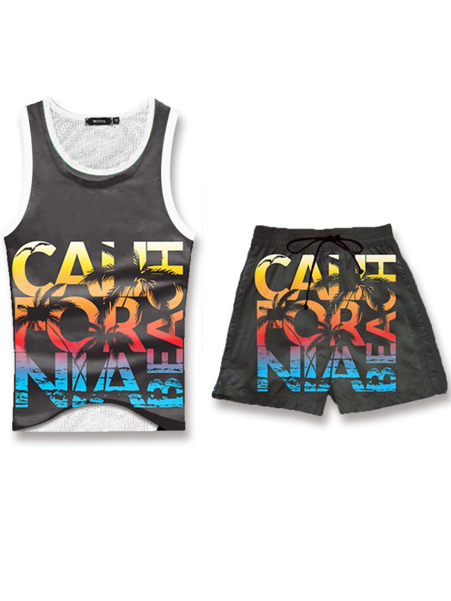 

Lovely Men Sporty Letter Print Patchwork Black Two Piece Shorts Set