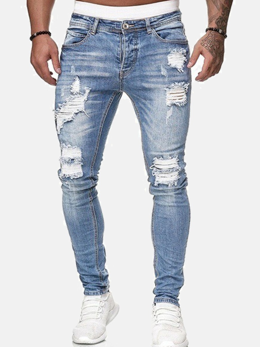 

LW Men Mid Waist High Stretchy Ripped Black Jeans, Baby blue