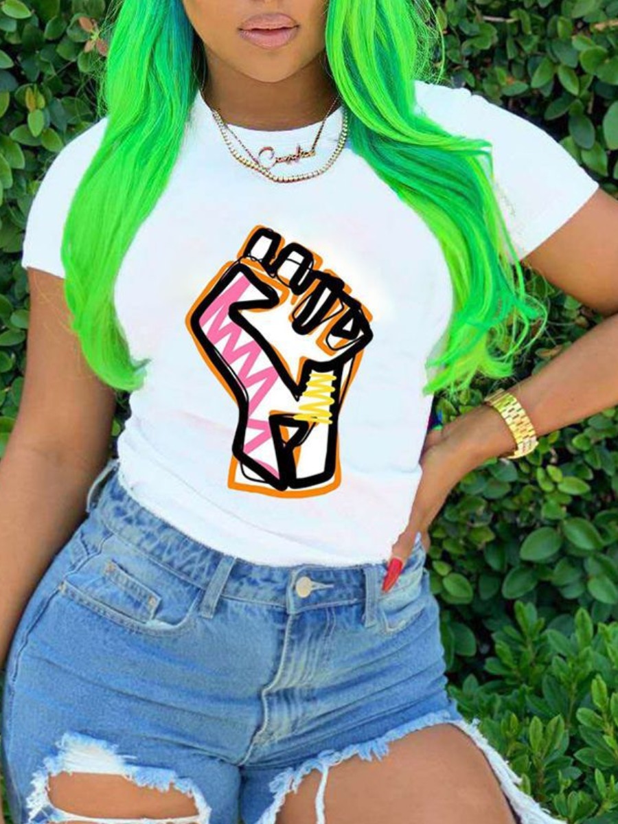 

Lovely Casual O Neck Fist Print White T-shirt