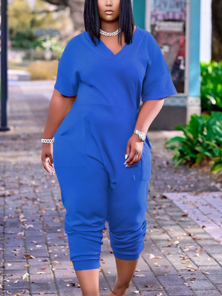 

LW Plus Size Casual V Neck Pocket Design Royalblue One-piece Jumpsuit