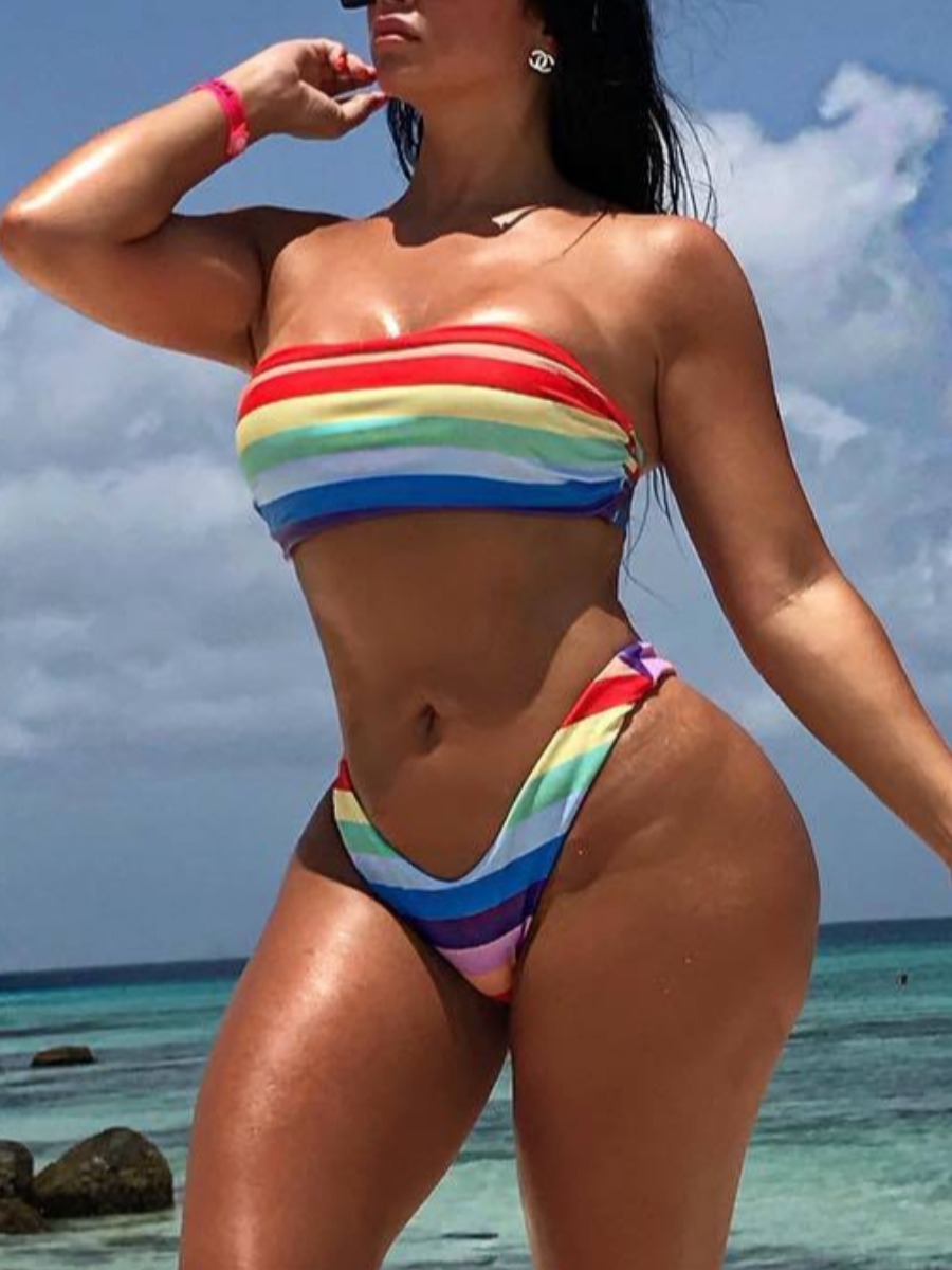 

Lovely Boho Off The Shoulder Striped Multicolor Two-piece Swimsuit, Multi