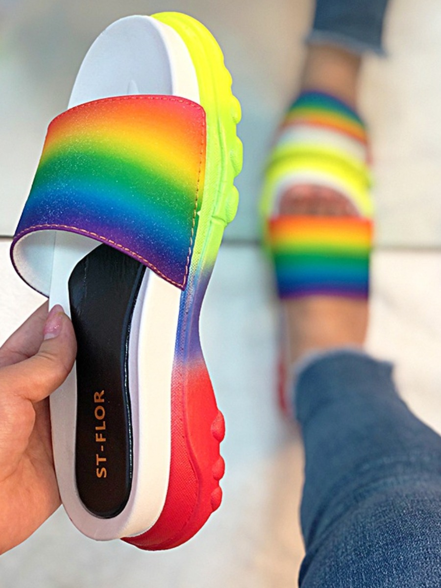 

Lovely Casual Rainbow Stripe Multicolor Slippers, Multi