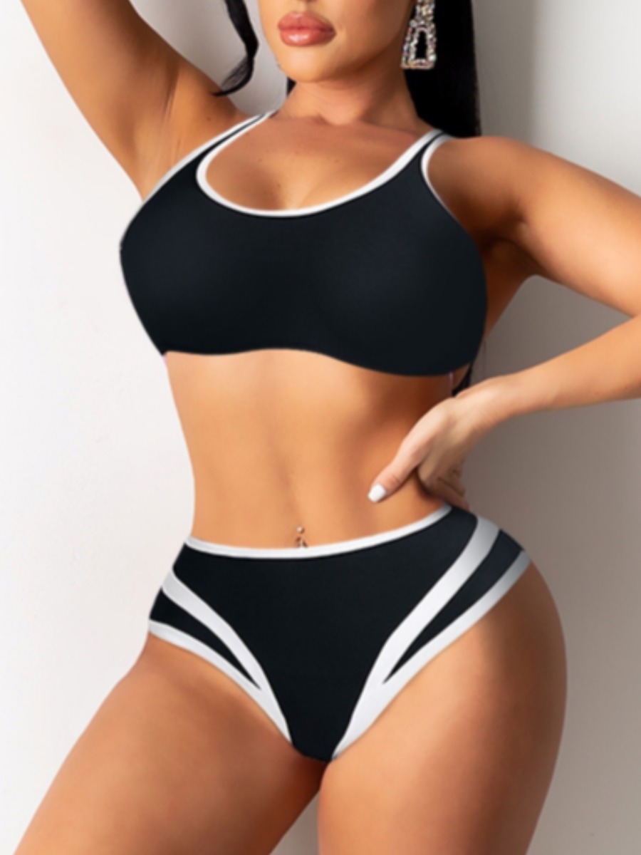 

Lovely Boho U Neck Patchwork Black Two-piece Swimsuit