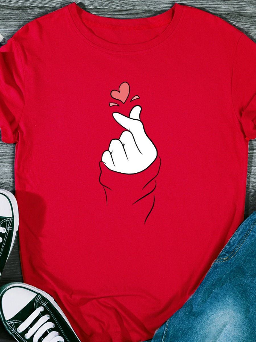 

Lovely Street O Neck Finger Print Red Plus Size T-shirt