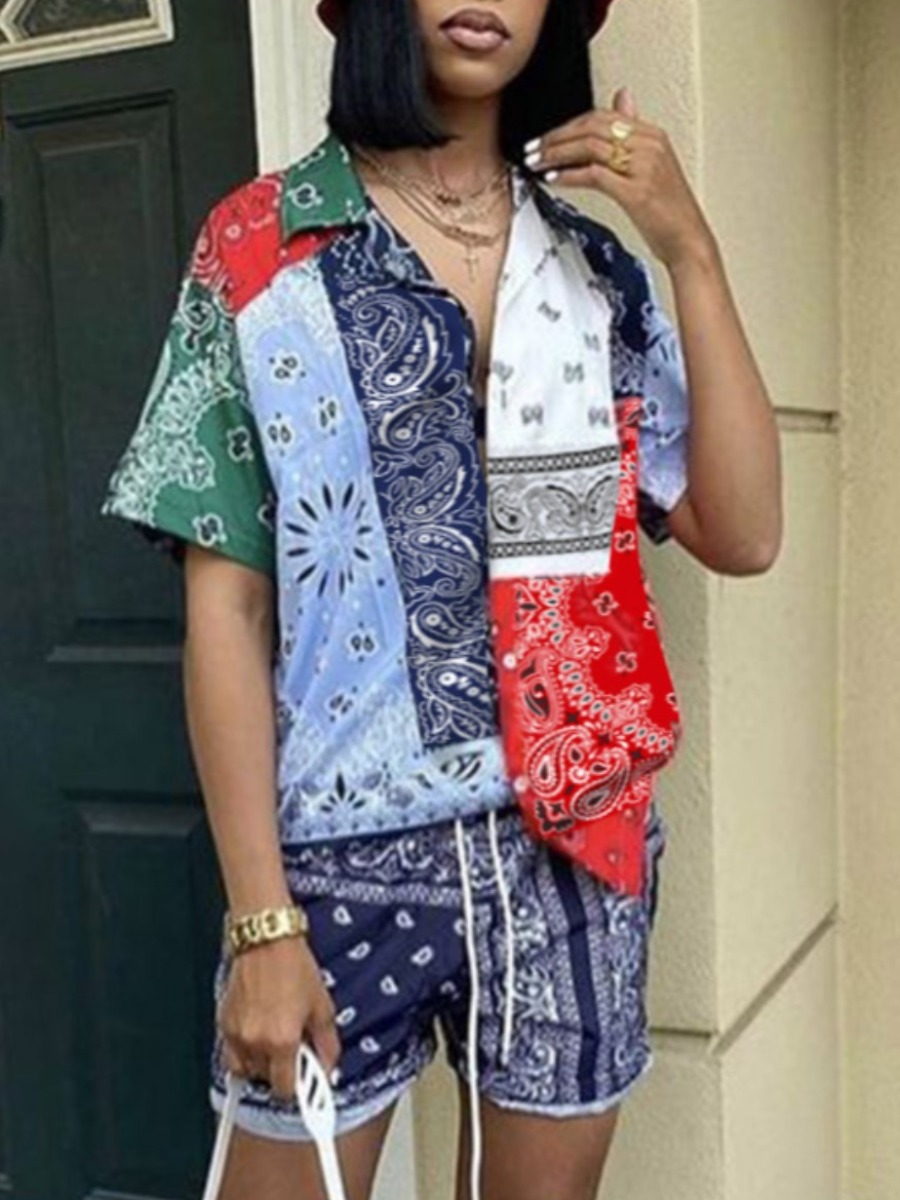 

Lovely Street Cashew Print Drawstring Multicolor Two Piece Shorts Set, Multi