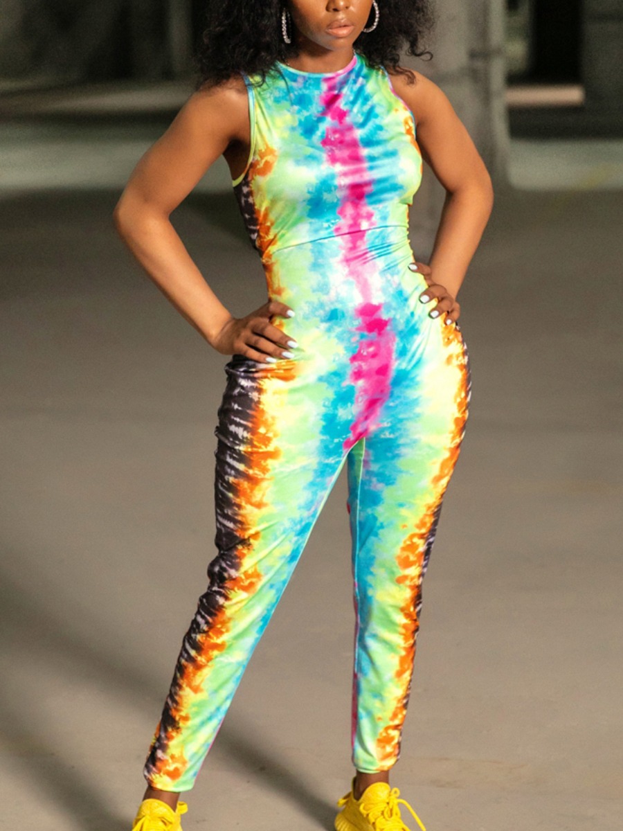 

LW Street Tie-dye Patchwork Multicolor One-piece Jumpsuit, Multi