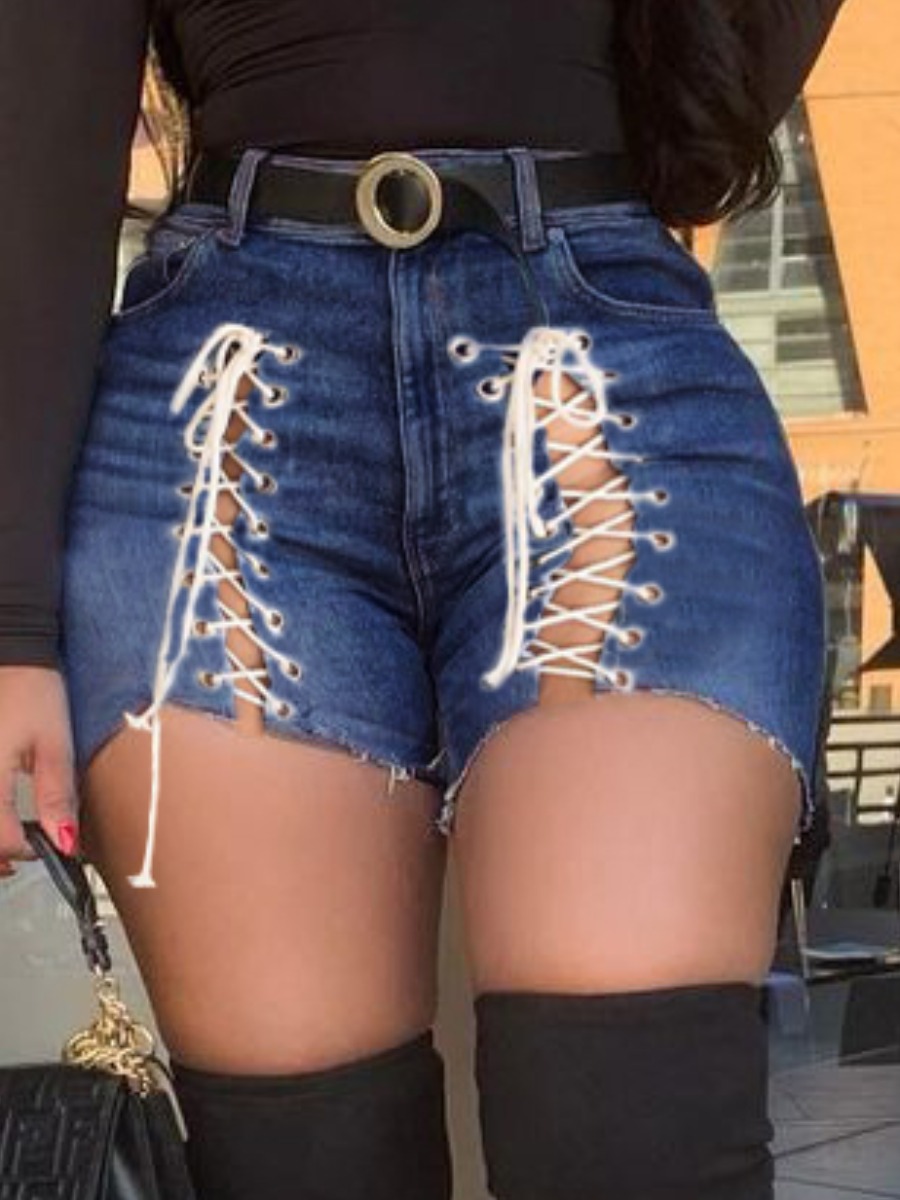 

LW Street Bandage Hollow-out Design Deep Blue Denim Shorts (No Stretch)