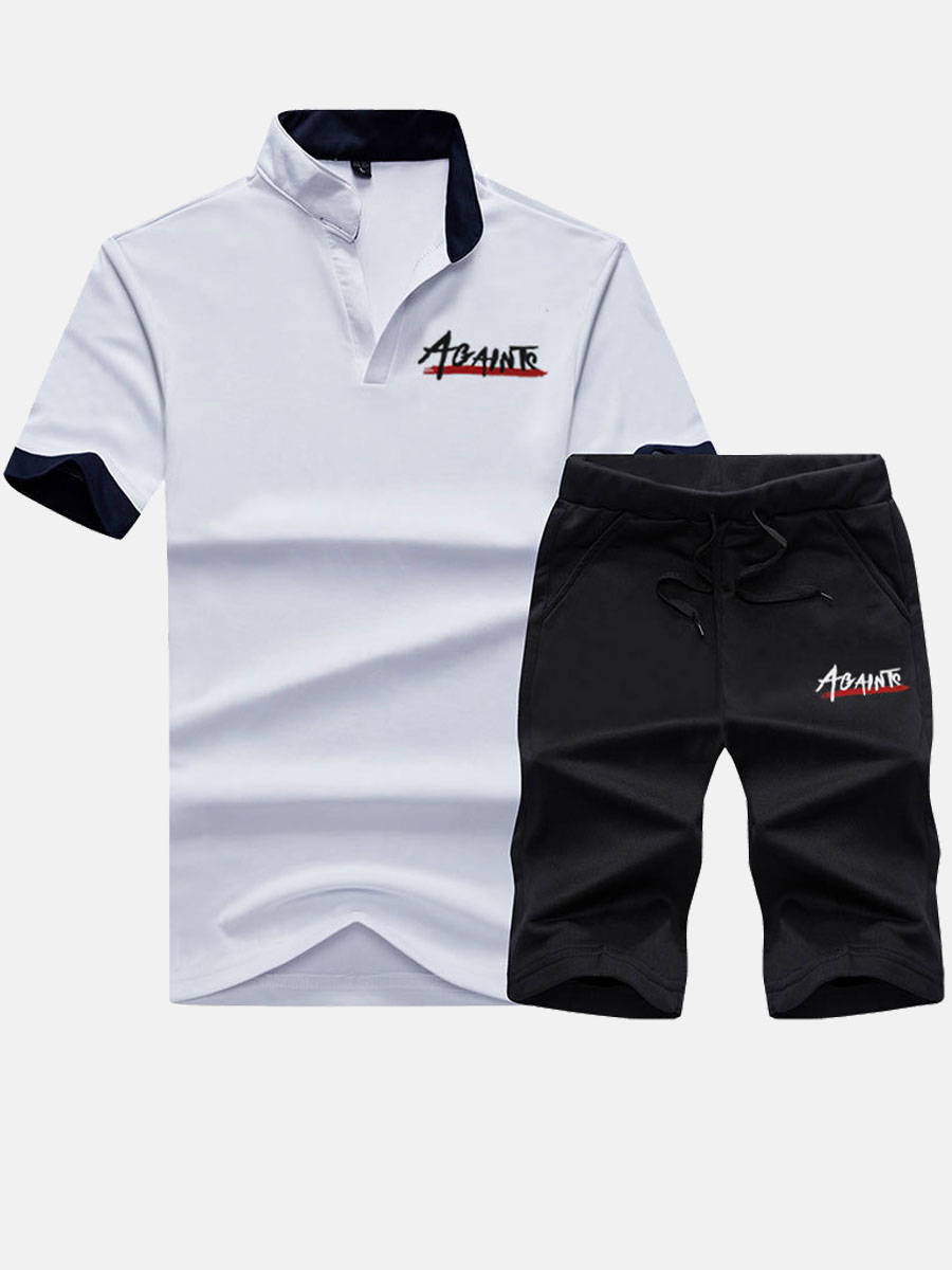 

Lovely Men Sporty Mandarin Collar Letter Print White Two Piece Shorts Set