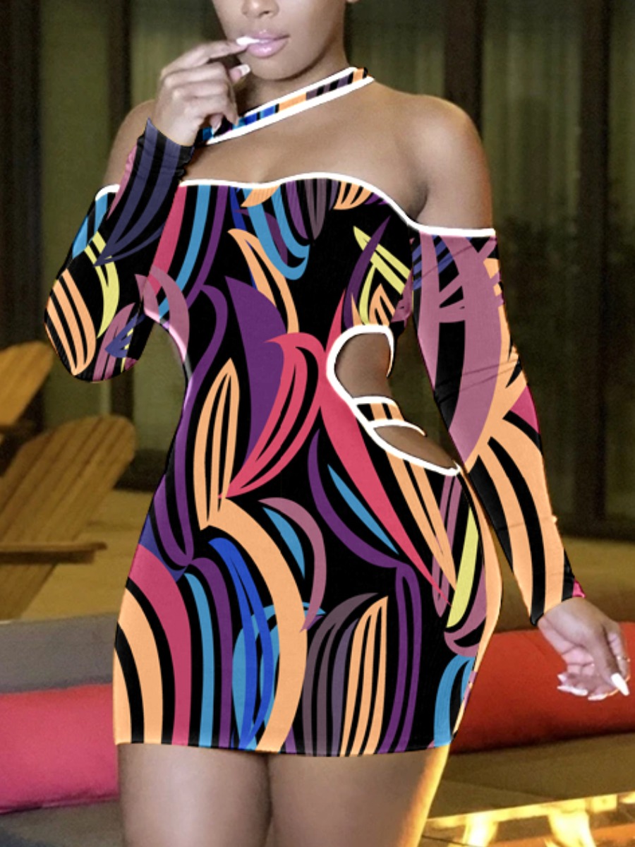 

Lovely Sexy Off The Shoulder Hollow-out Multicolor Mini Dress, Multi