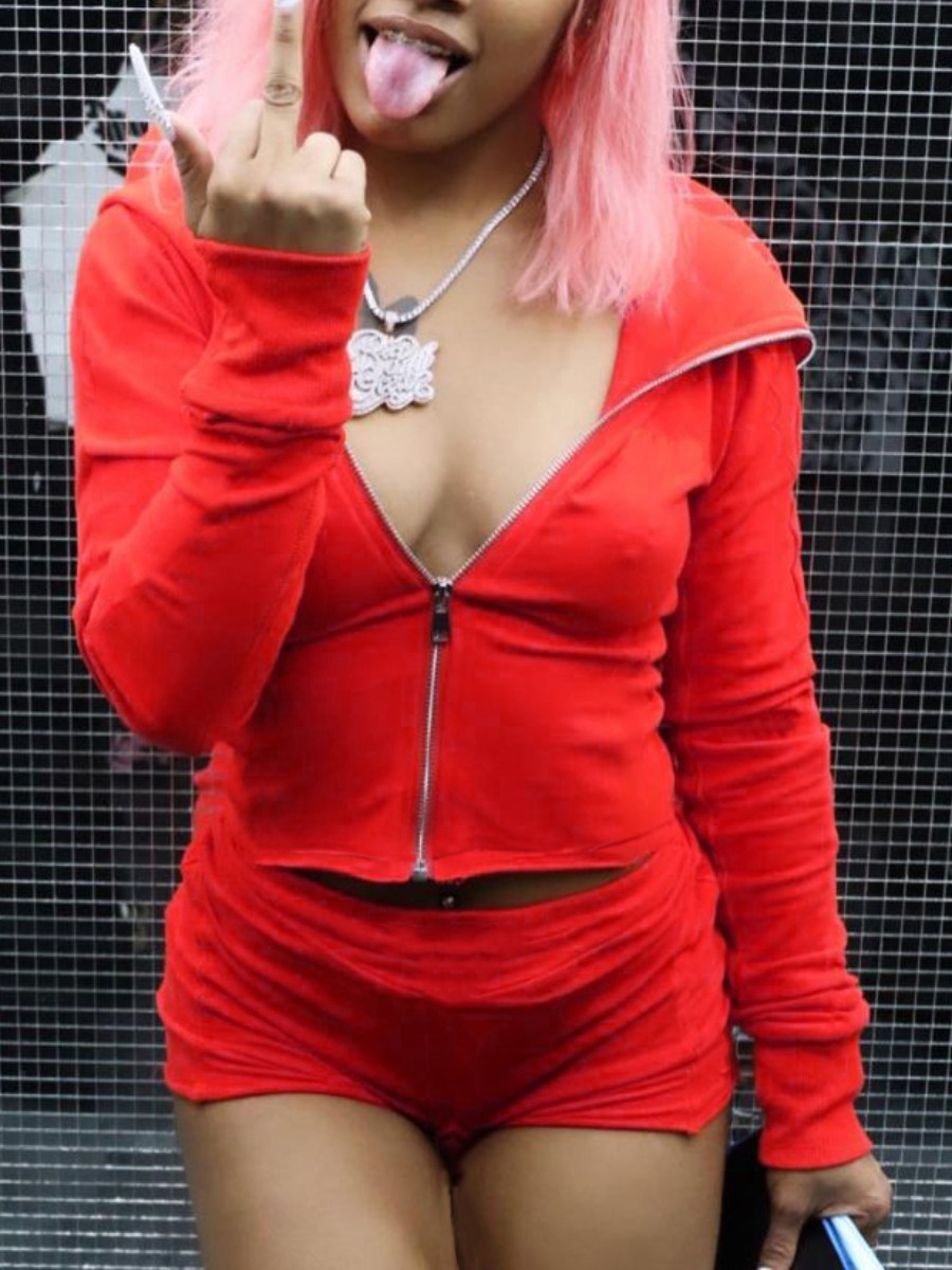 

Lovely Casual Zipper Design Drawstring Red Two Piece Shorts Set