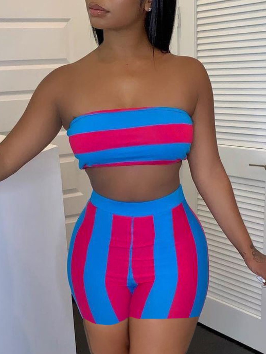 

Lovely Casual Off The Shoulder Striped Blue Two Piece Shorts Set
