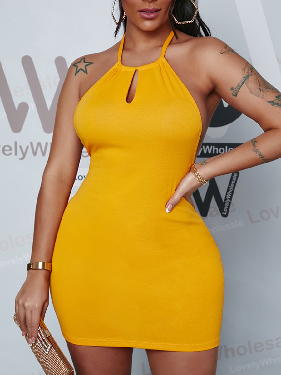 

Lovely Sexy Backles Bandage Hollow-out Design Yellow Mini Dress
