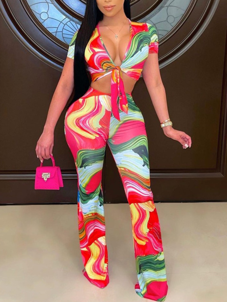 

Lovely Sexy V Neck Print Bandage Design Red Two Piece Pants Set