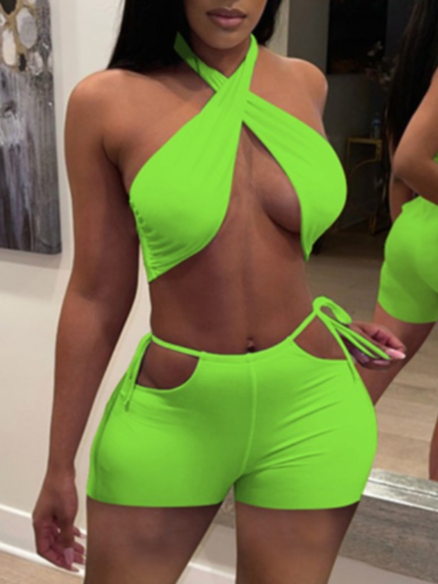

Lovely Sexy Criss Cross Bandage Hollow-out Design Green Two Piece Shorts Set