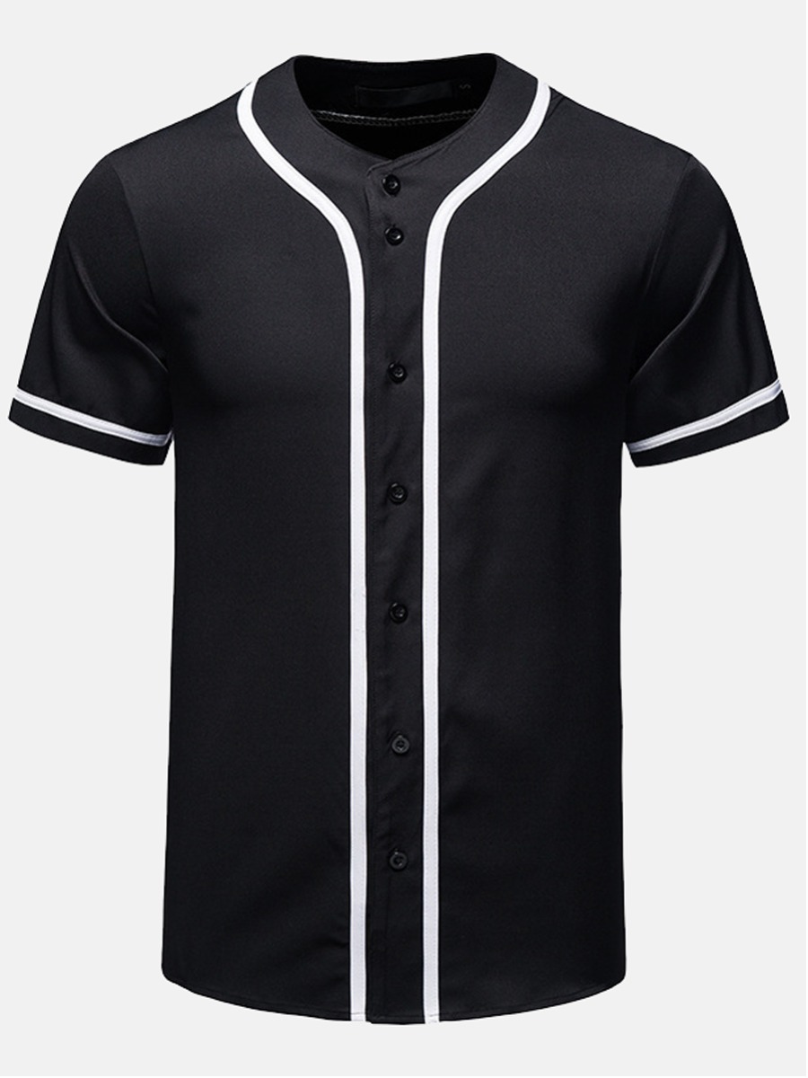 

LW Men Street Button Design Striped Black Shirt