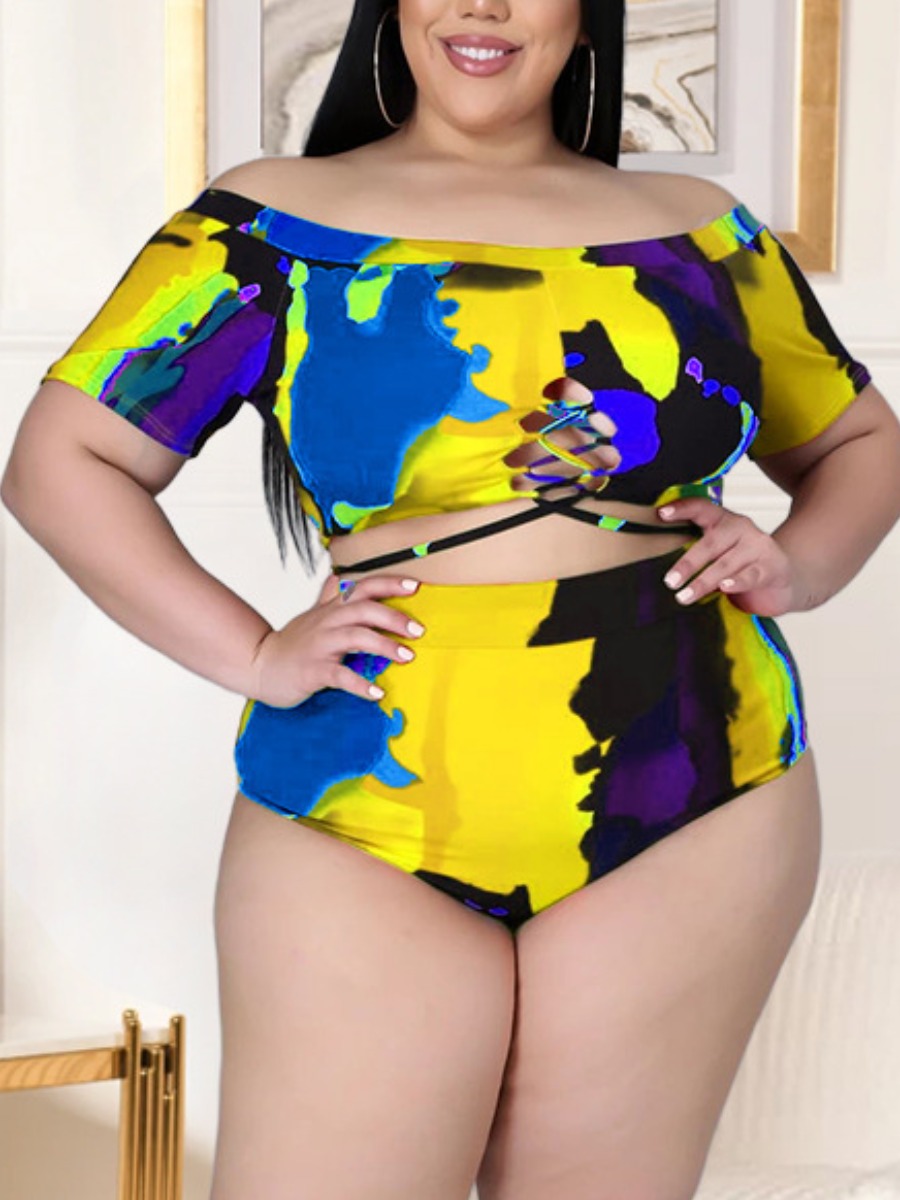 

LW Plus Size Off The Shoulder Bandage Hollow-out Design Tankini, Yellow