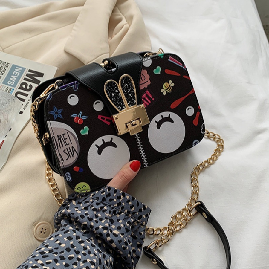 

Lovely Casual Cartoon Print Chain Strap Black Crossbody Bag