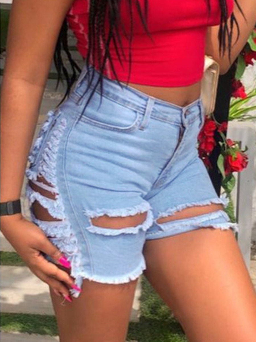 

Lovely Street Ripped Raw Edge Baby Blue Plus Size Denim Shorts