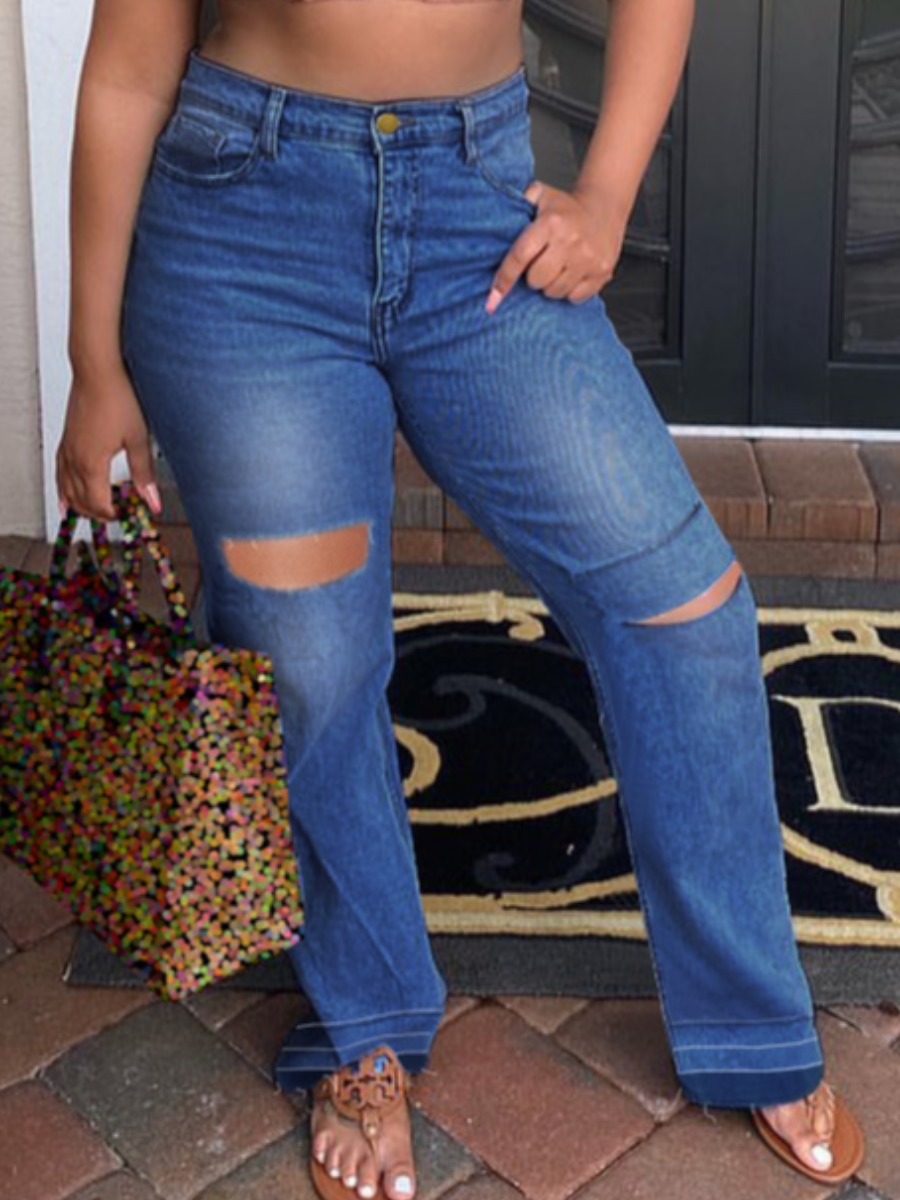 

Lovely Casual Mid Waist Ripped Blue Plus Size Jeans