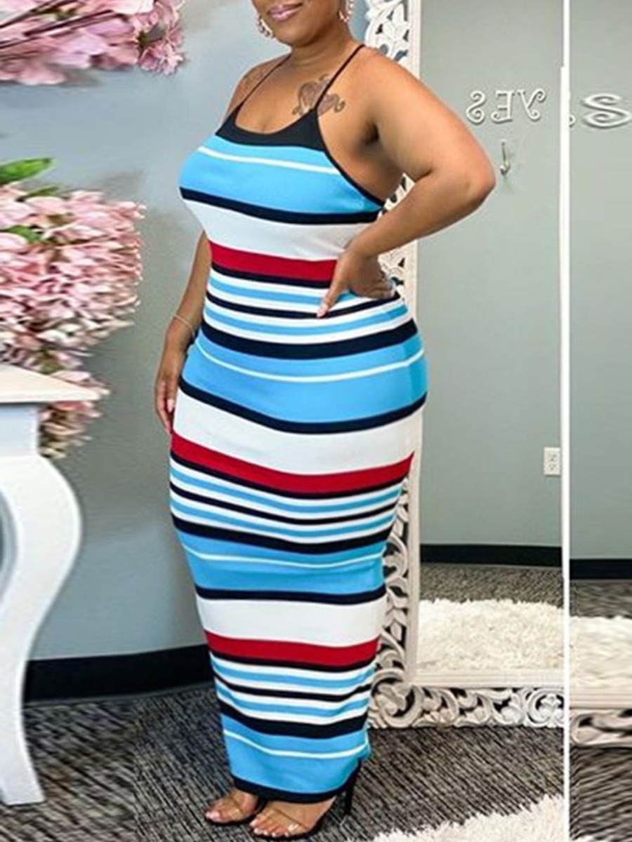 

Lovely Plus Size Boho Striped Patchwork Blue Floor Length Dress