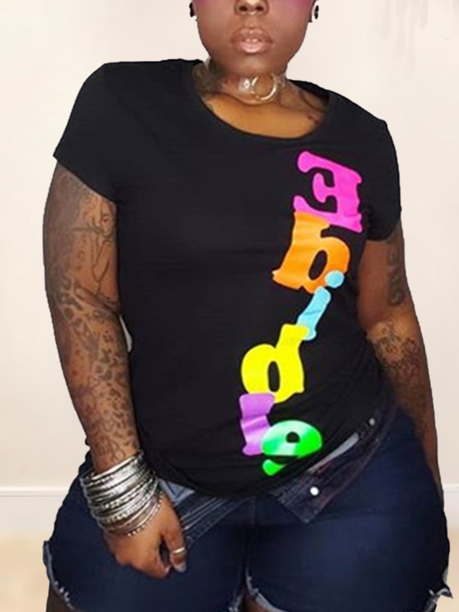 

Lovely Plus Size Casual O Neck Letter Print Black T-shirt