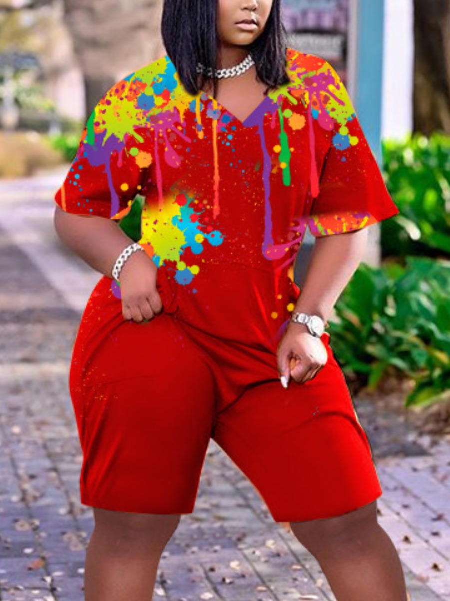 

LW Plus Size Casual V Neck Splash Ink Print Red One-piece Romper
