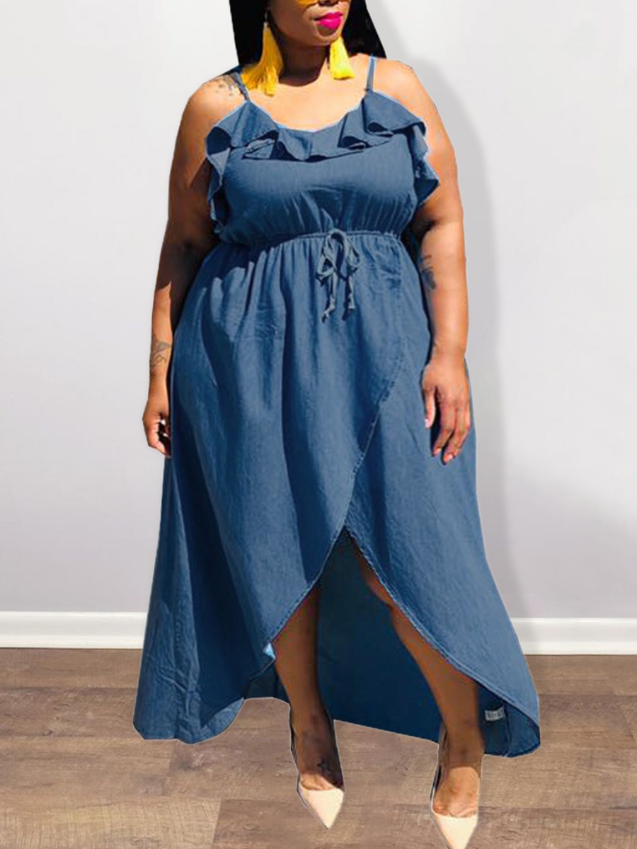 

Lovely Plus Size Sweet Flounce Design Blue Knee Length Asymmetrical Dress