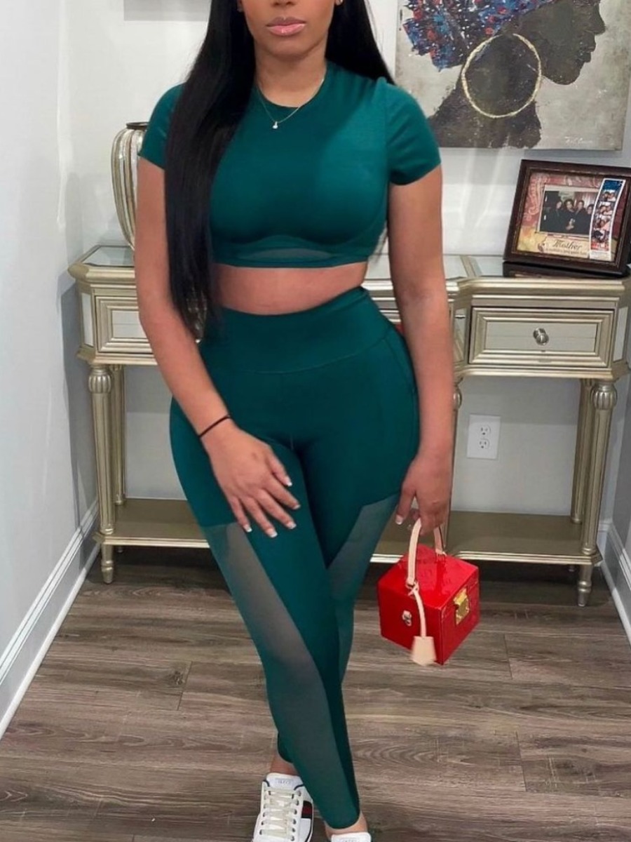 

Lovely Sporty Mesh Patchwork Green Two Piece Pants Set
