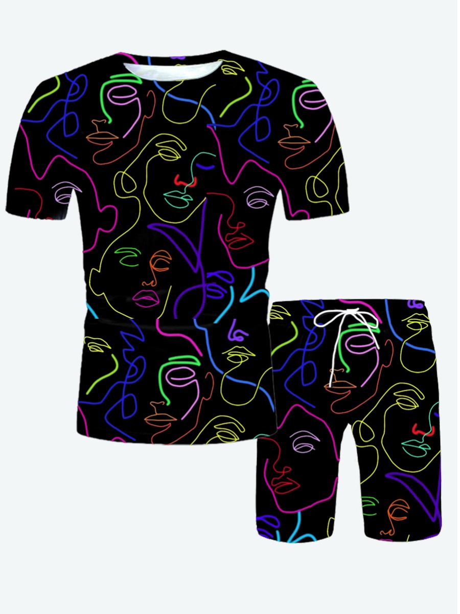 

Lovely Men Street O Neck Graffiti Print Black Two Piece Shorts Set