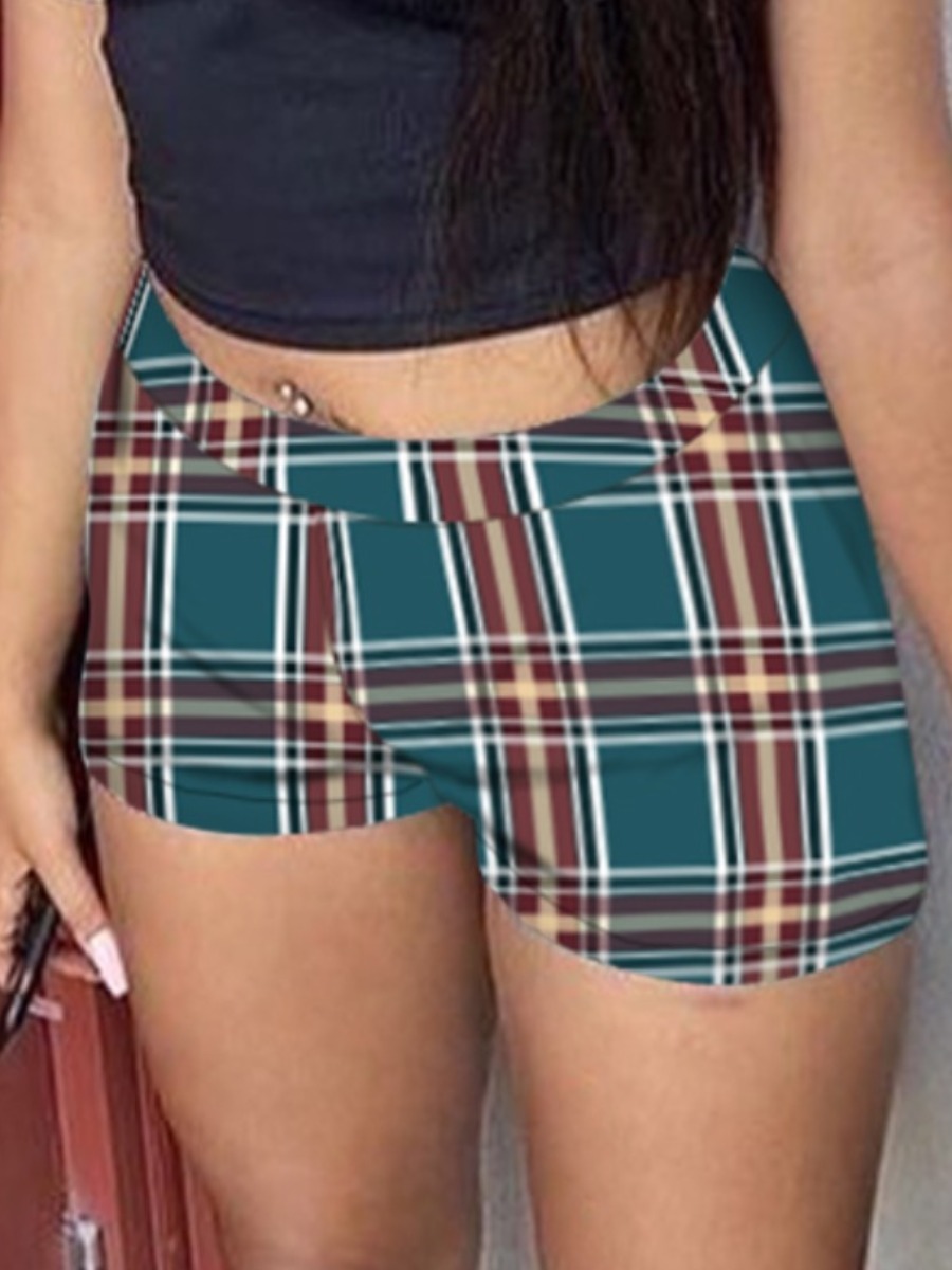 

LW Casual Mid Waist Plaid Print Green Shorts