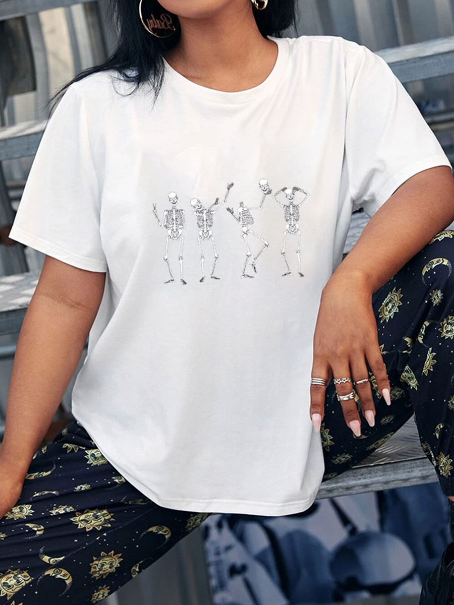 

Lovely Plus Size Casual O Neck Skeleton Print White T-shirt