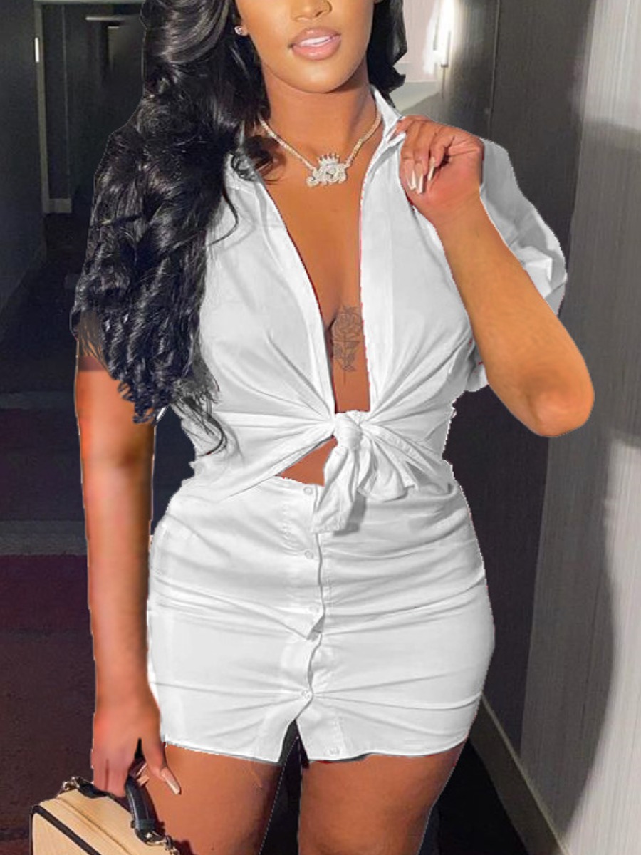 

Lovely Street Turndown Collar Button Design White Two Piece Skirt Set