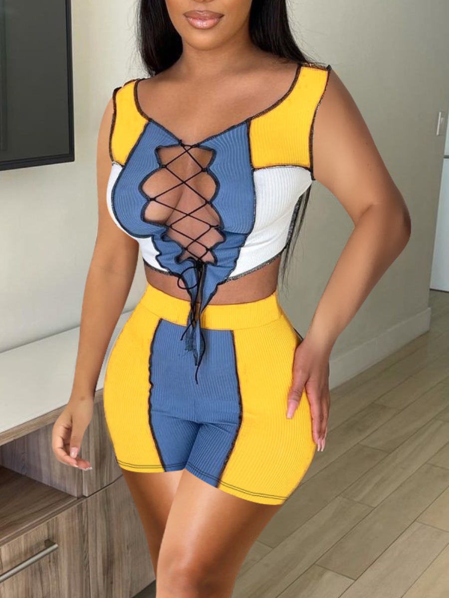 

Lovely Sexy Color-lump Bandage Hollow-out Design Yellow Two Piece Shorts Set
