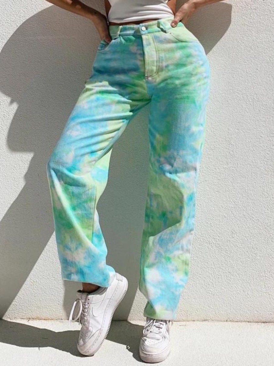 

Lovely Street Mid Waist Tie-dye Green Jeans
