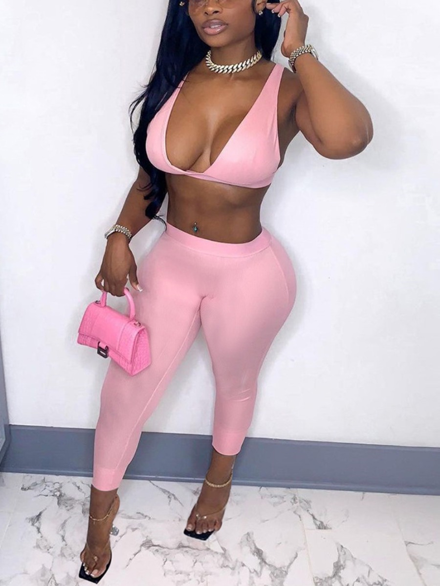 

LW SXY U Neck Basic Skinny Pink Two Piece Pants Set