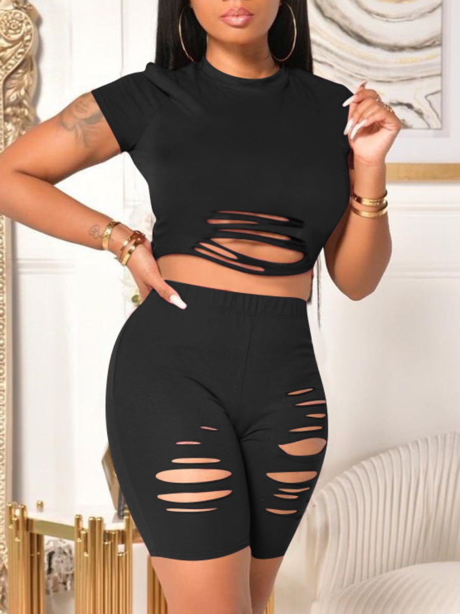 

Lovely Street O Neck Ripped Black Two Piece Shorts Set