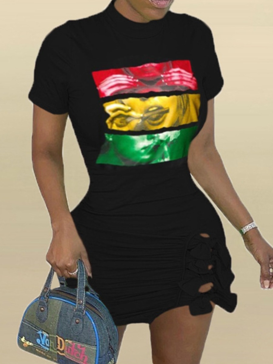 

Lovely Plus Size Street Graffiti Print Black Mini Dress