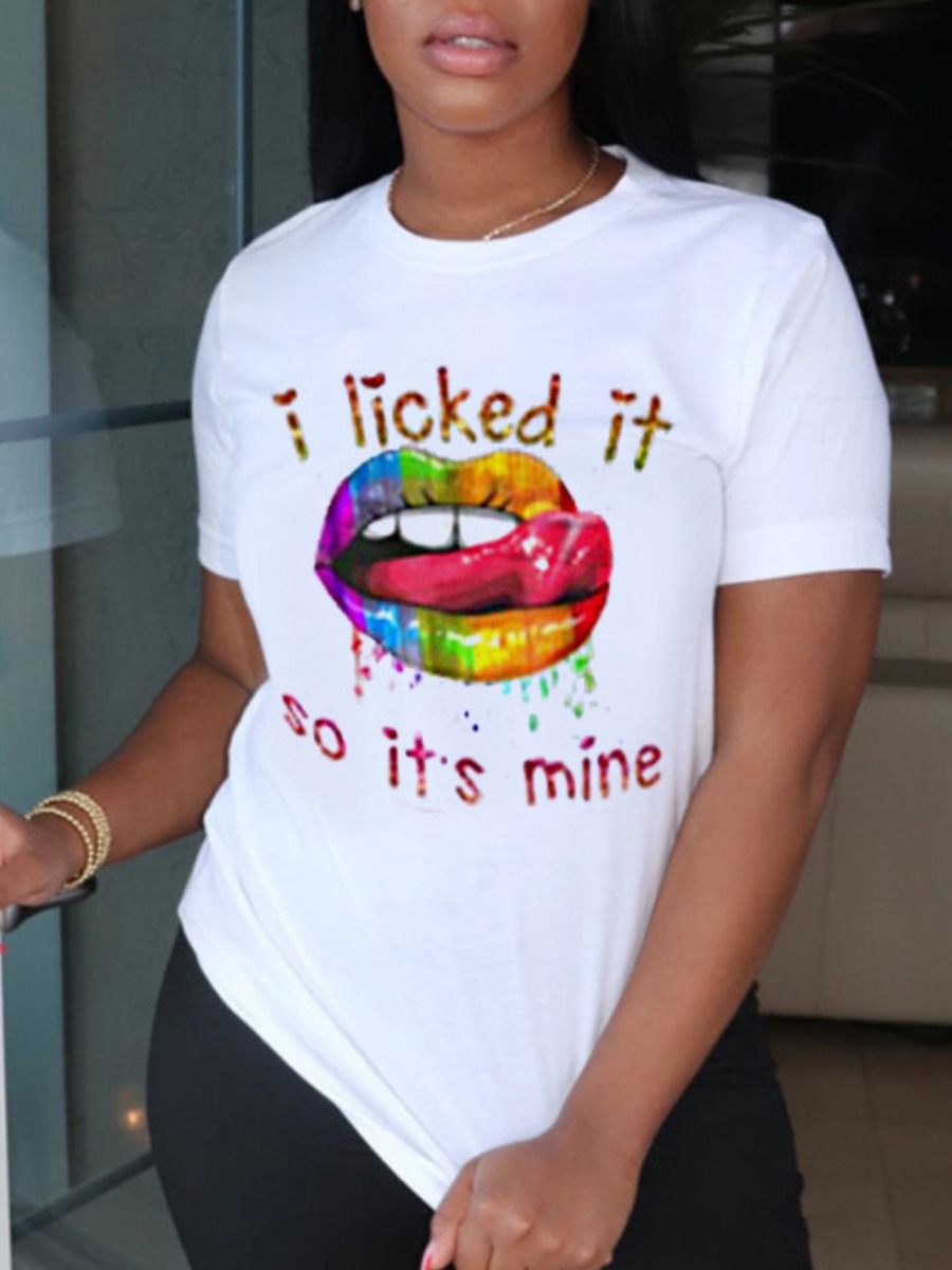 

Lovely Plus Size Casual Lip Letter Print White T-shirt