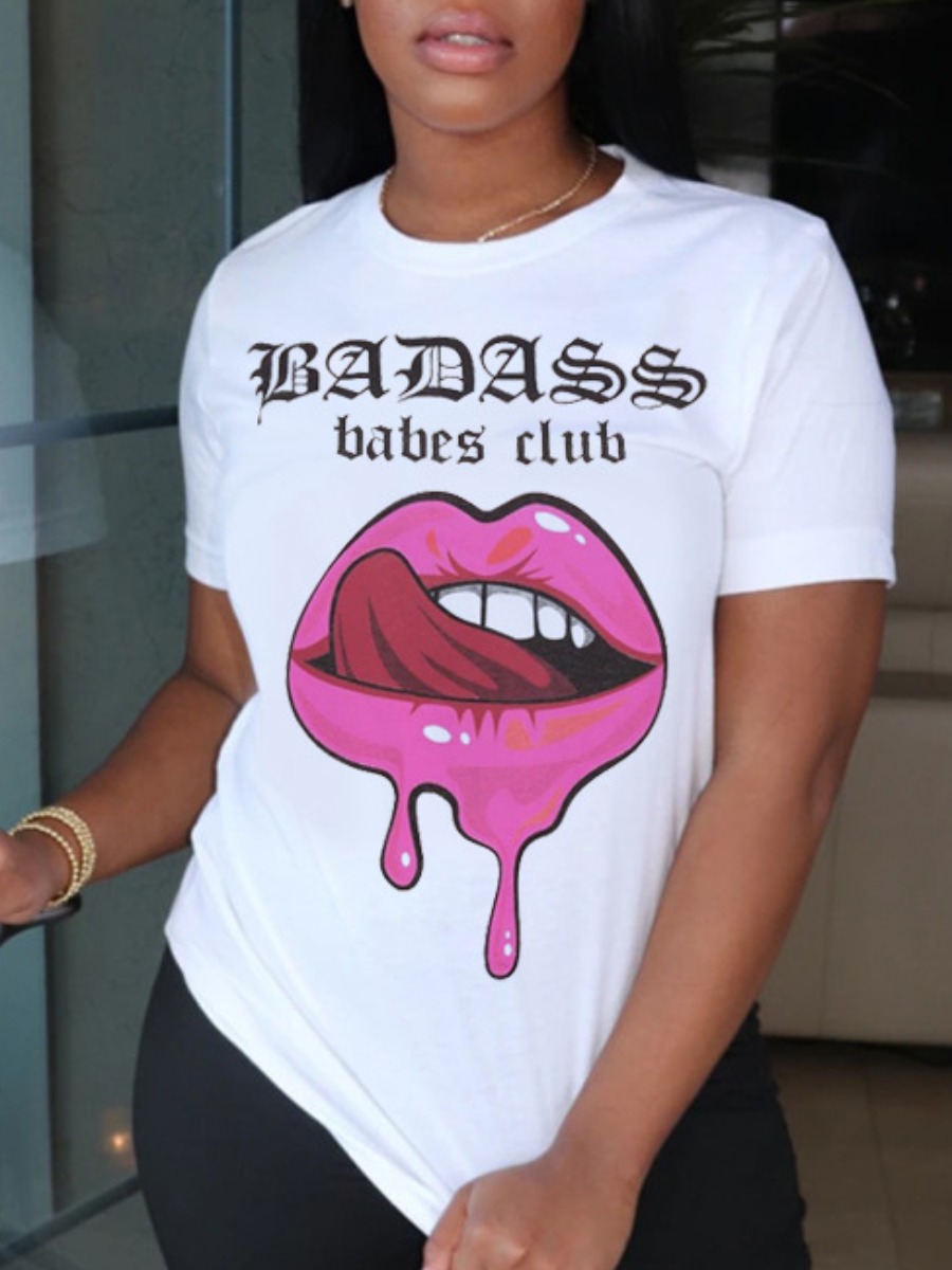 

Lovely Plus Size Casual Lip Letter Print White T-shirt