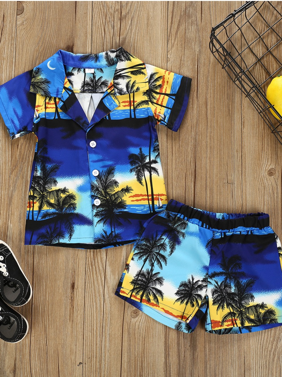 

Lovely Boy Boho Landscape Plant Print Blue Two Piece Shorts Set