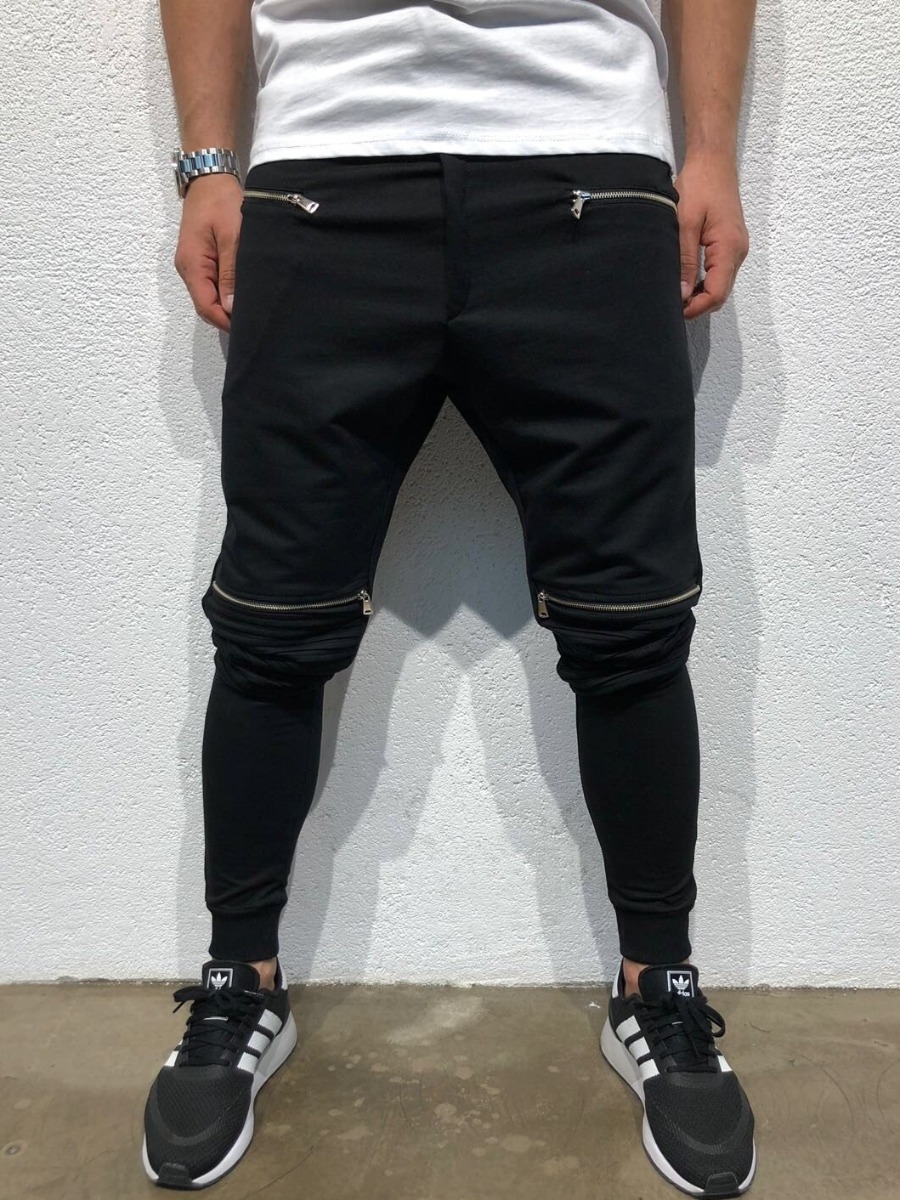 

Lovely Men Street Mid Waist Zipper Fold Design Black Pants