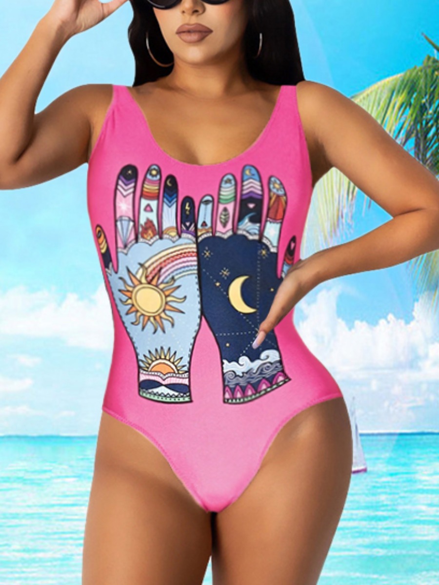 

Lovely Boho U Neck Sun Moon Print Rose Red One-piece Swimsuit