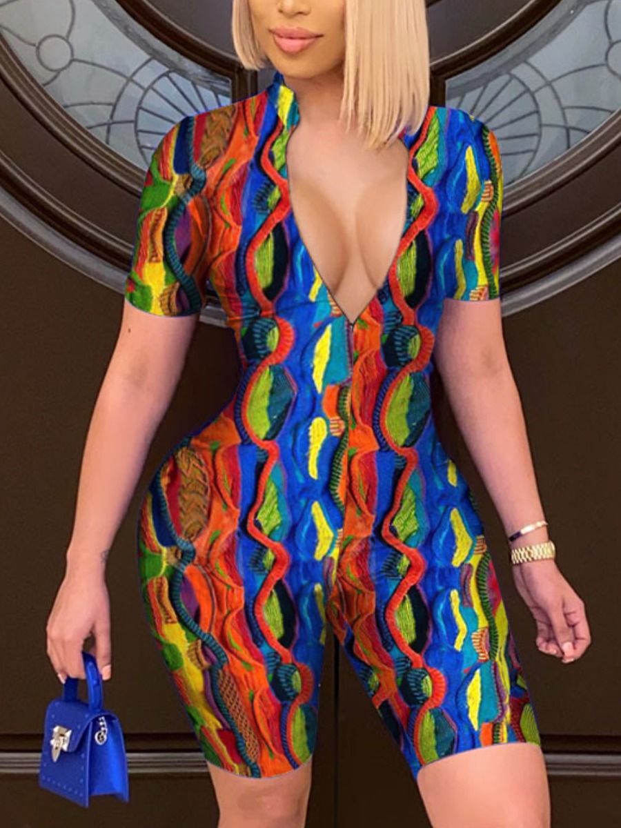

Lovely Casual V Neck Print Patchwork Multicolor One-piece Romper, Multi