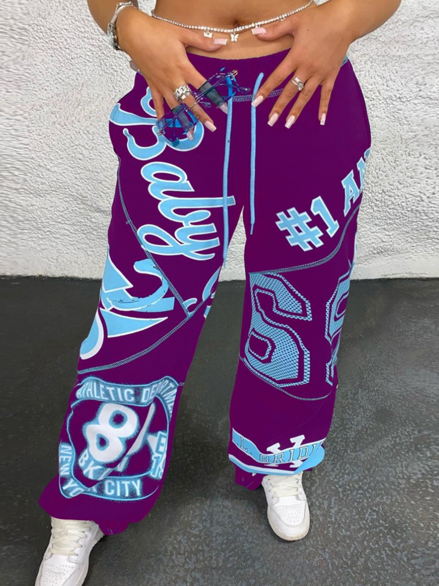 

Lovely Street Letter Print Drawstring Purple Pants