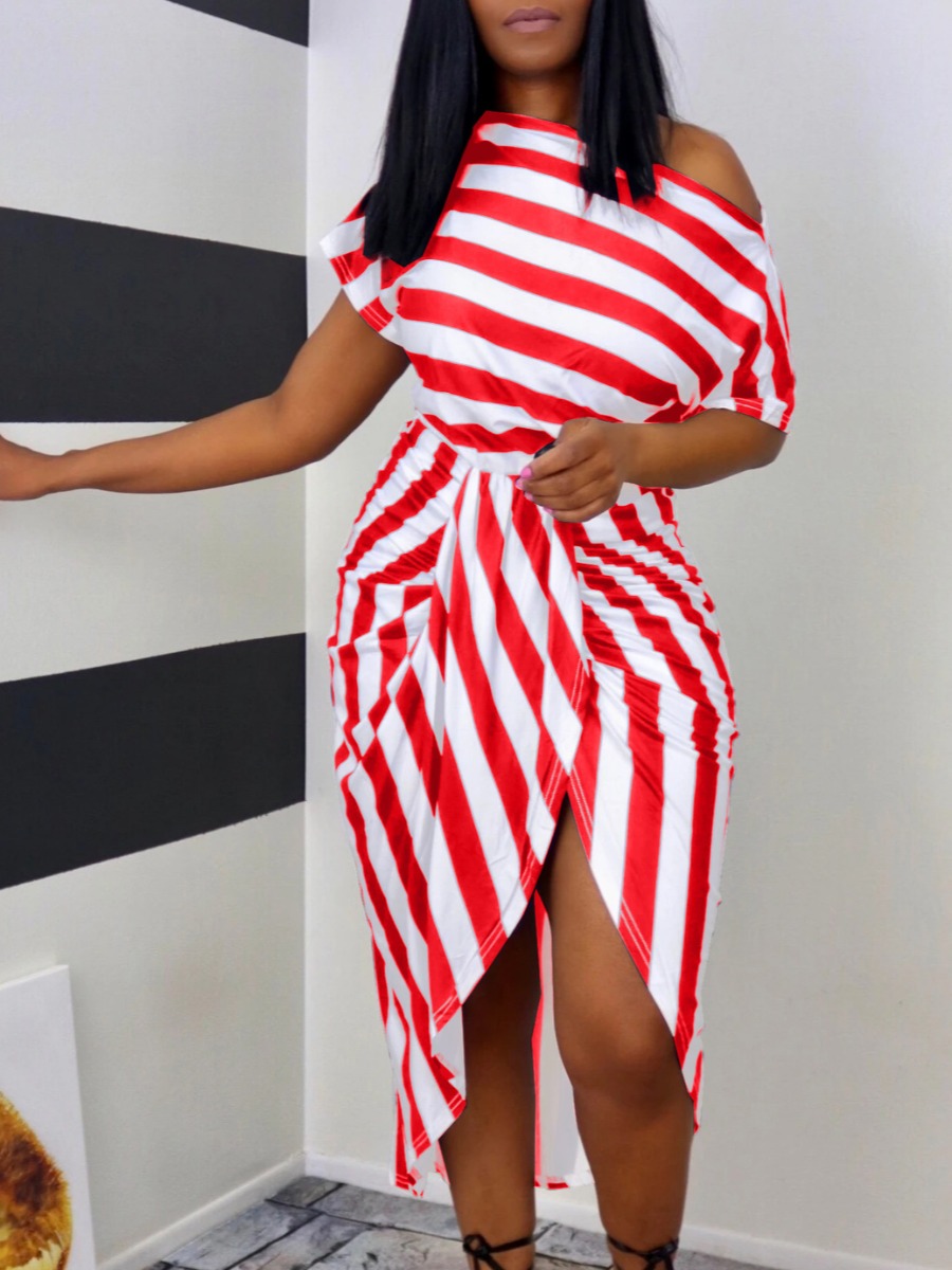 

LW Plus Size Casual Striped Asymmetrical Red Mid Calf Dress