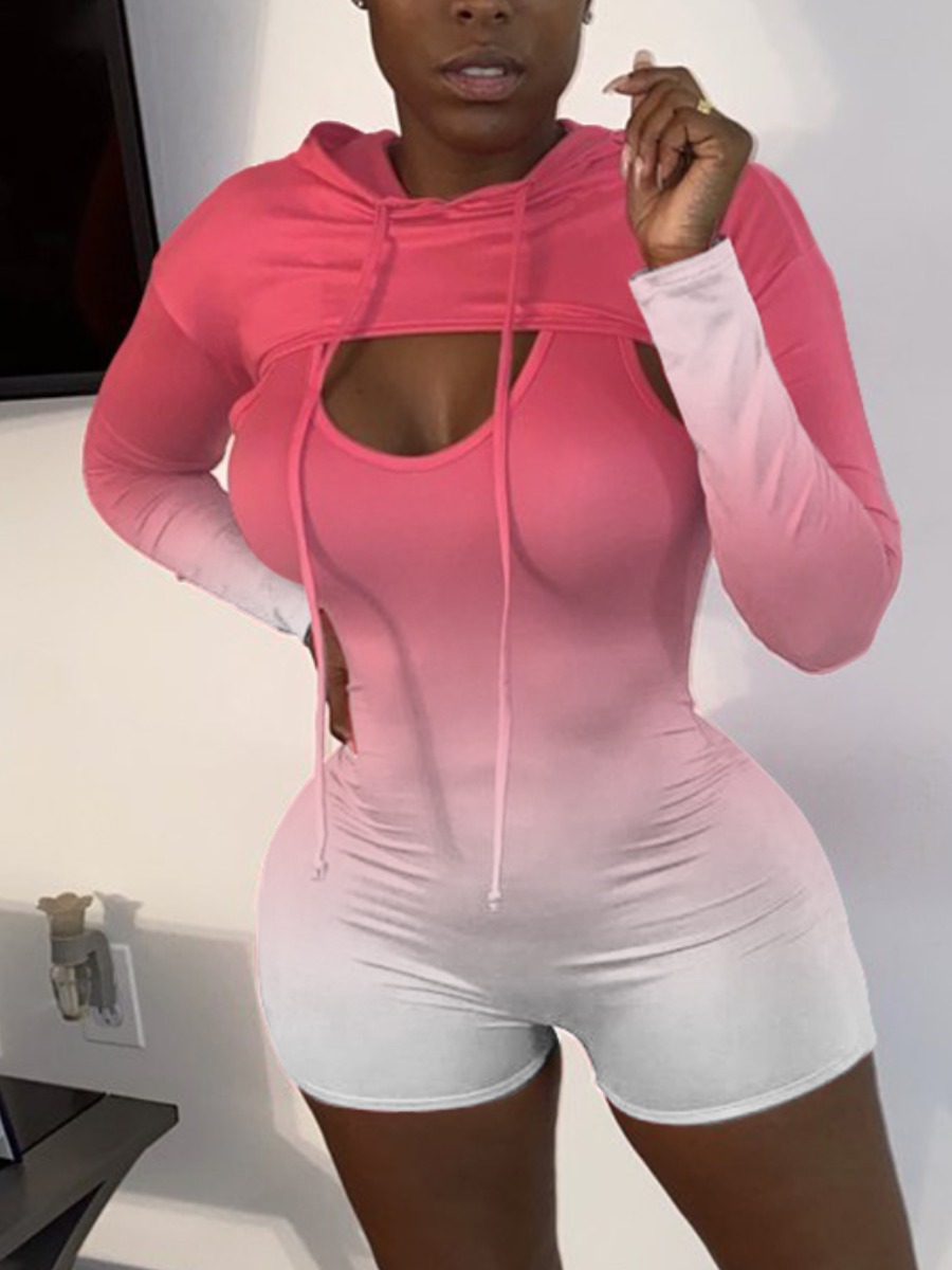 

Lovely Sporty Hooded Collar Gradient Two Piece Shorts Set
