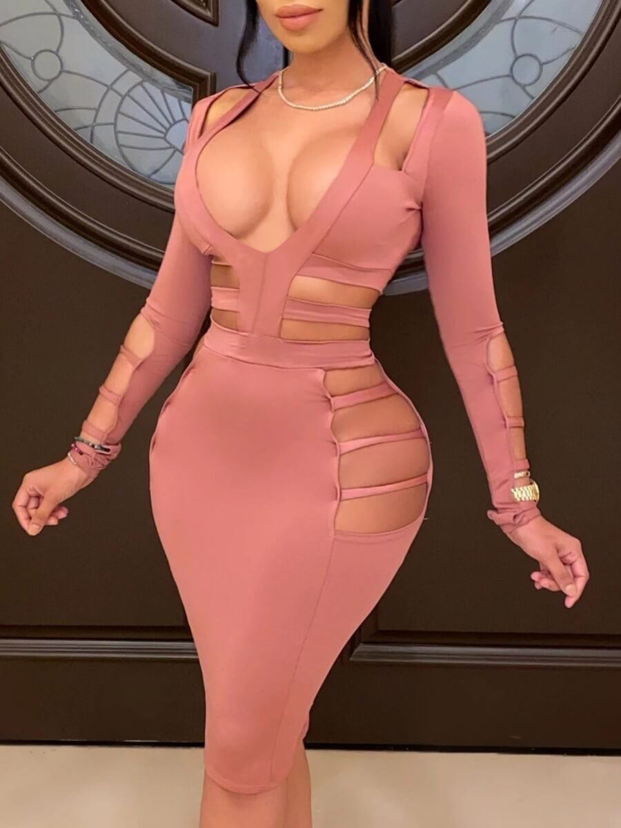 

Lovely Sexy Hollow-out Pink Knee Length Dress