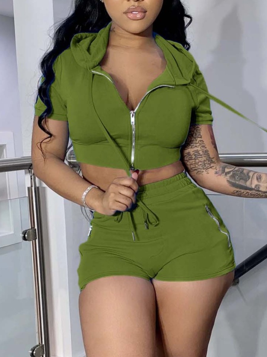 

Lovely Sporty Hooded Collar Drawstring Green Two Piece Shorts Set