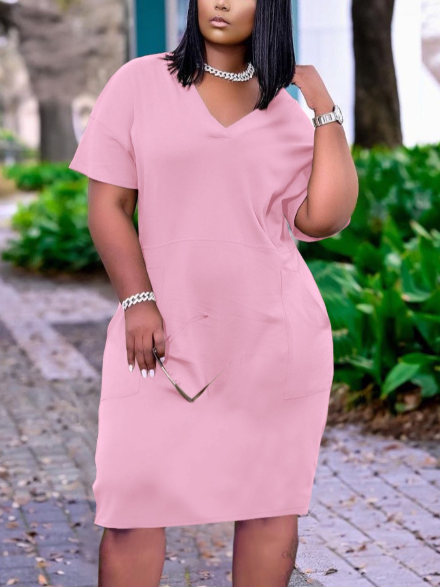 LW BASICS Casual V Neck Pocket Design Pink Knee Length Dress