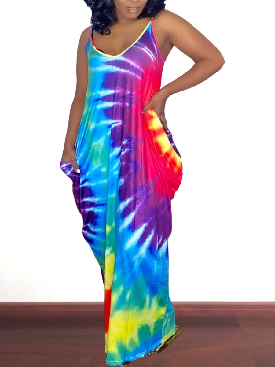 

Lovely Street V Neck Tie-dye Multicolor Floor Length Dress, Multi